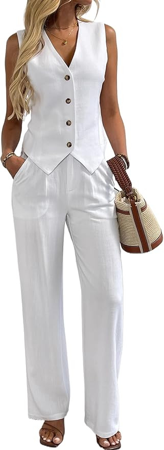 Women's 2 Piece Outfits Linen Vest Waistcoat Dressy Casual Sets Wide Leg Pants Suits | Amazon (US)