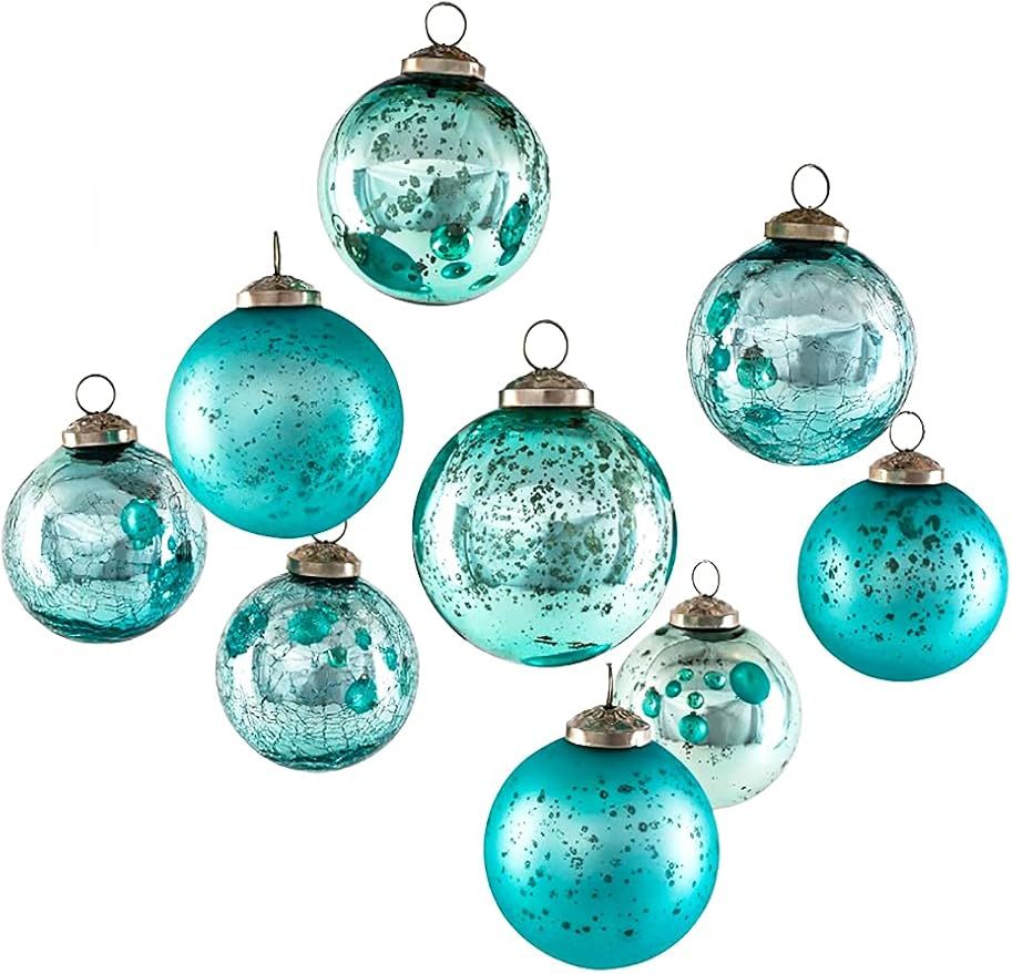 Serene Spaces Living Set of 9 Assorted Teal Glass Ball Ornaments for Christmas Tree, Holiday Deco... | Amazon (US)