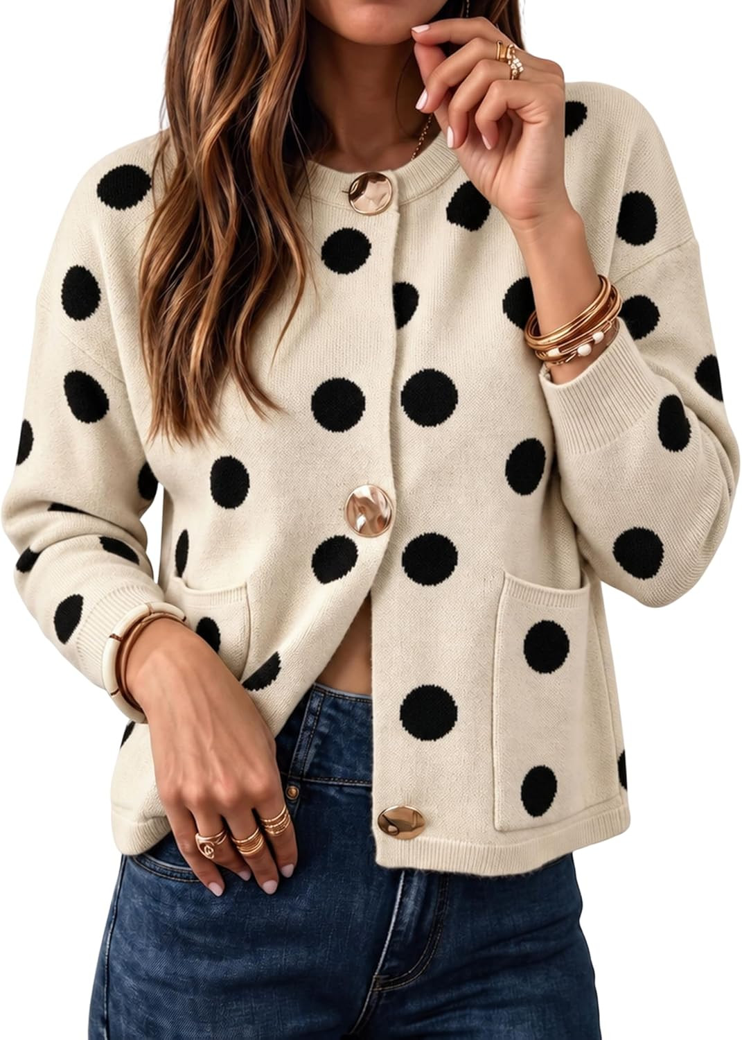 Athlisan Women's Polka Dot Cropped Knit Cardigan Long Sleeve Button Sweater | Amazon (US)