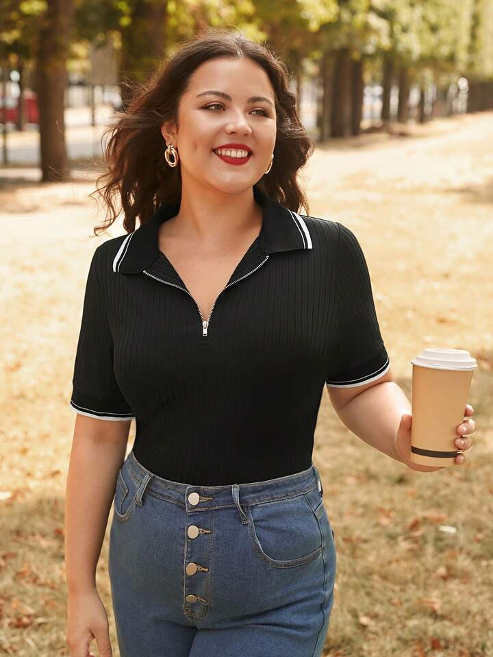 SHEIN Frenchy Plus Contrast Binding Half Zip Tee | SHEIN