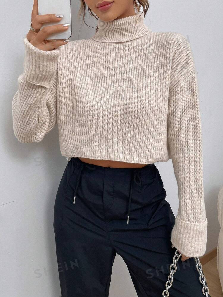 SHEIN EZwear Turtleneck Drop Shoulder Crop Sweater | SHEIN