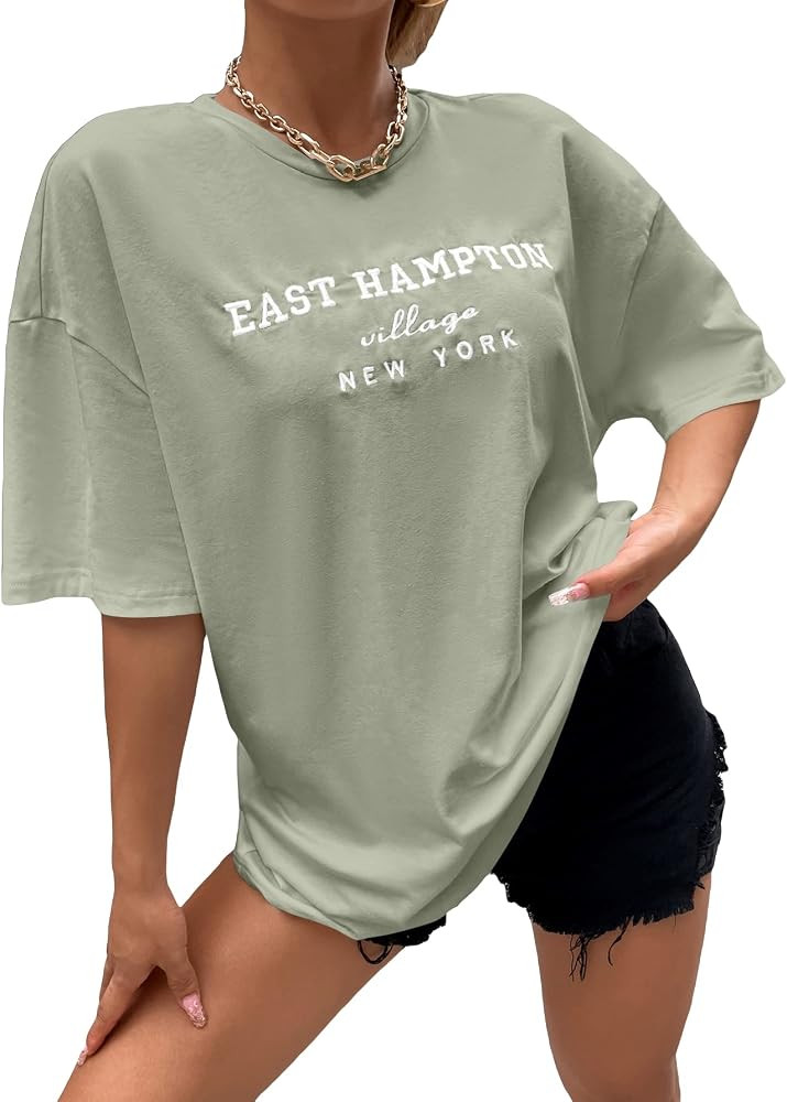 Cozyease Women's Letter Print Oversized Round Neck Short Sleeve Casual T Shirt Top | Amazon (US)