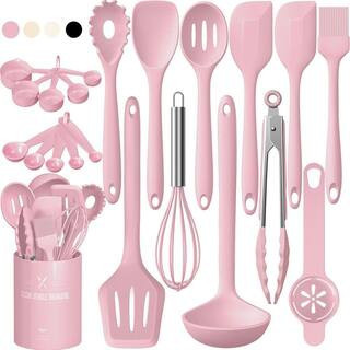 22-Piece Pink Silicone Cooking Utensils Set Heat Resistant with Holder for Nonstick Cookware Dishwasher Safe Tool | The Home Depot