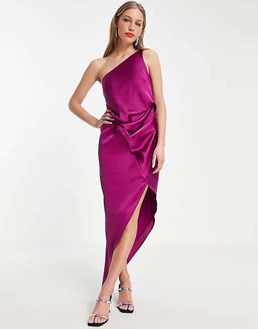 ASOS DESIGN satin one shoulder drape midi dress in mauve | ASOS (Global)