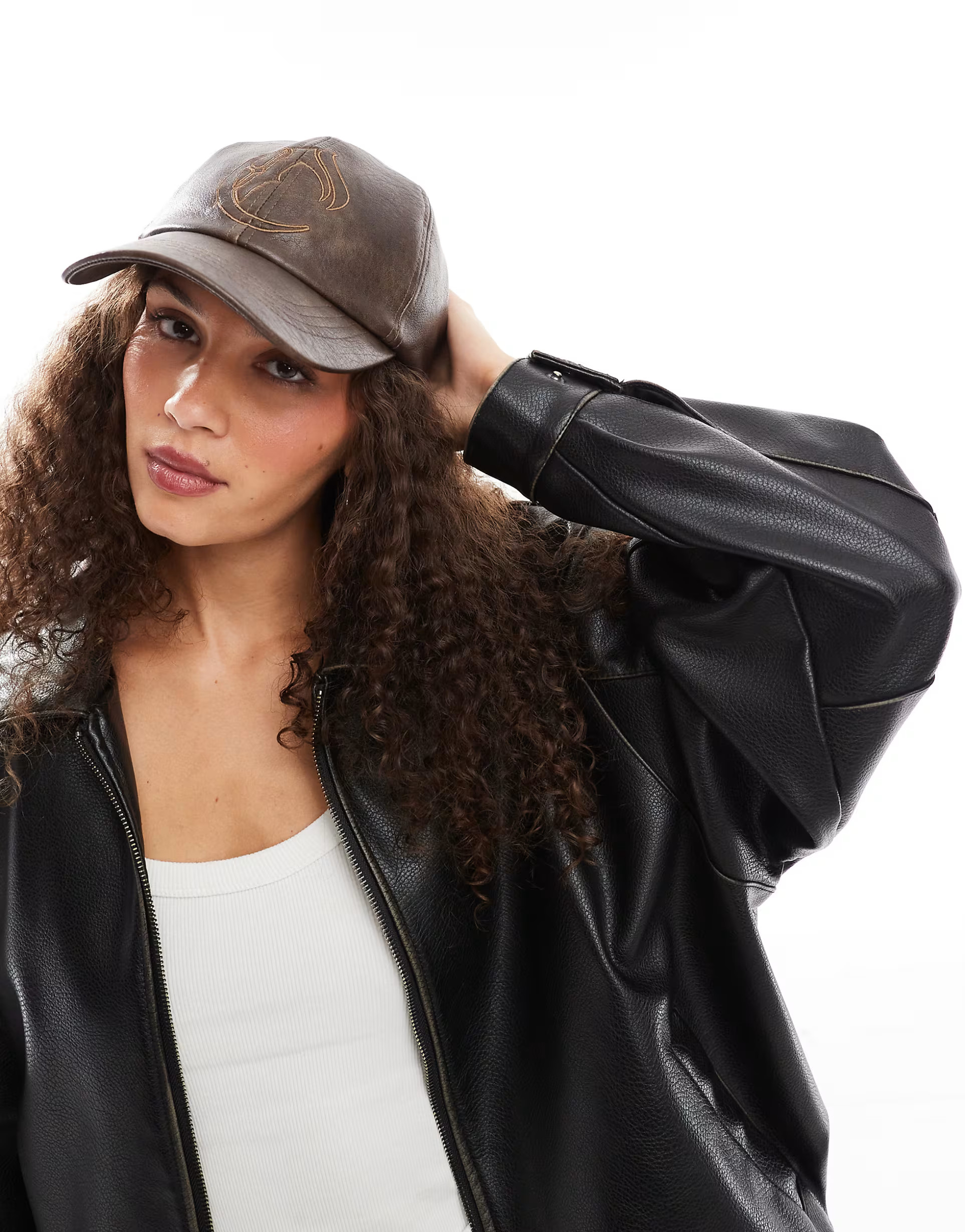 COLLUSION Womens PU baseball cap with C embroidered logo in brown wash | ASOS (Global)