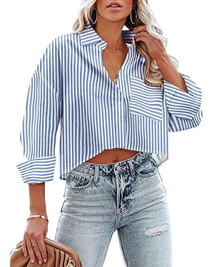 Button Down Crop Tops for Women Cropped Striped Shirts Dressy Casual Collared Blouses Summer Ligh... | Amazon (US)