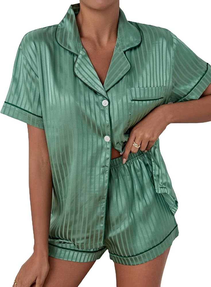 WDIRARA Women's Satin Sleepwear Short Sleeve Button Shirt and Shorts Pajama Set Silky PJ | Amazon (US)