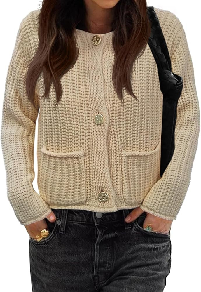 Saodimallsu Womens Button Up Sweaters Fall Chunky Knit Trendy Crewneck Open Front Loose Cardigan ... | Amazon (US)