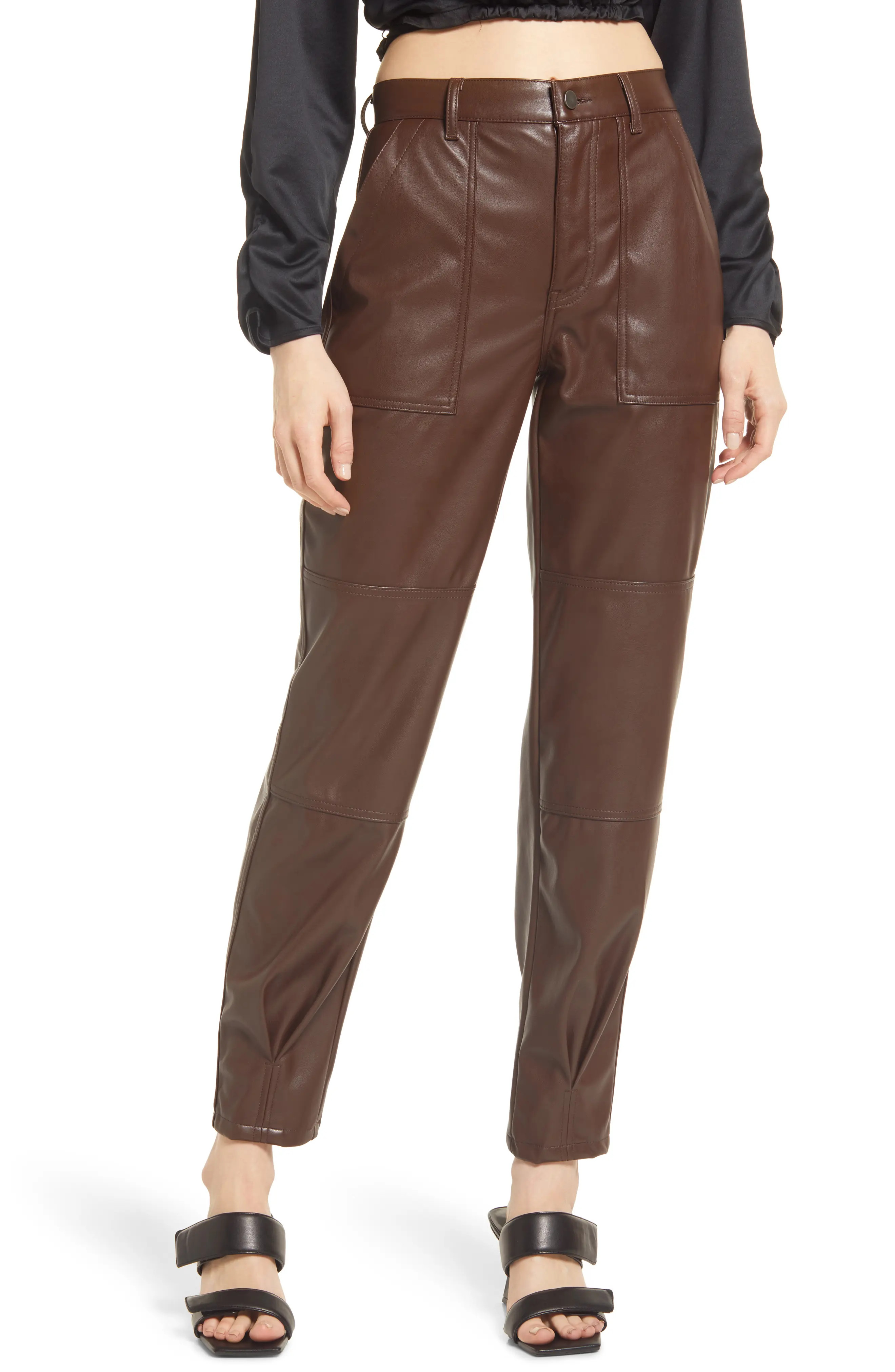 Open Edit Tapered Leg Faux Leather Pants in Brown Chicory at Nordstrom, Size X-Large | Nordstrom
