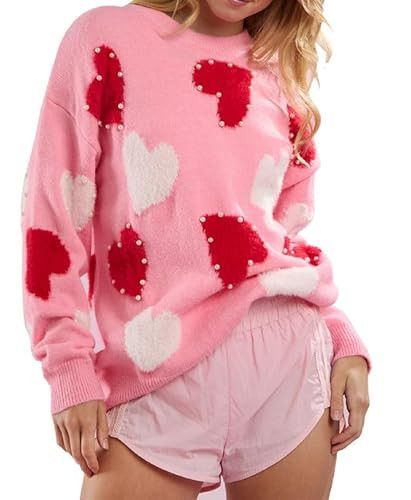 Valentines Cute Heart Sweater for Women Long Sleeve Crewneck Loose Knit Jumper Top Love Print Pullover Sweaters Pearl Pink | Amazon (US)