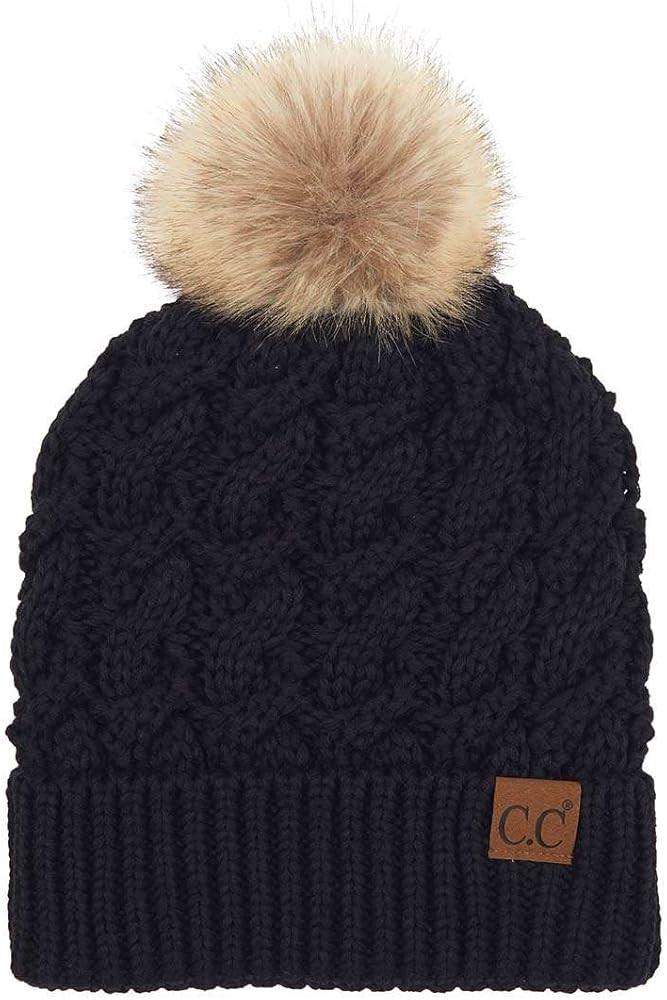 C.C Thick Cable Knit Faux Fuzzy Fur Pom Fleece Lined Skull Cap Cuff Beanie | Amazon (US)