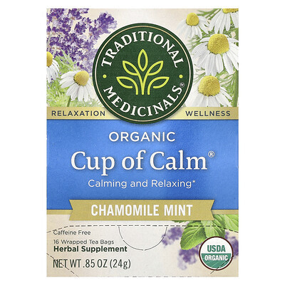 Traditional Medicinals, Organic Cup of Calm, Chamomile Mint, Caffeine Free, 16 Wrapped Tea Bags, 0.85 oz (24 g) | iHerb