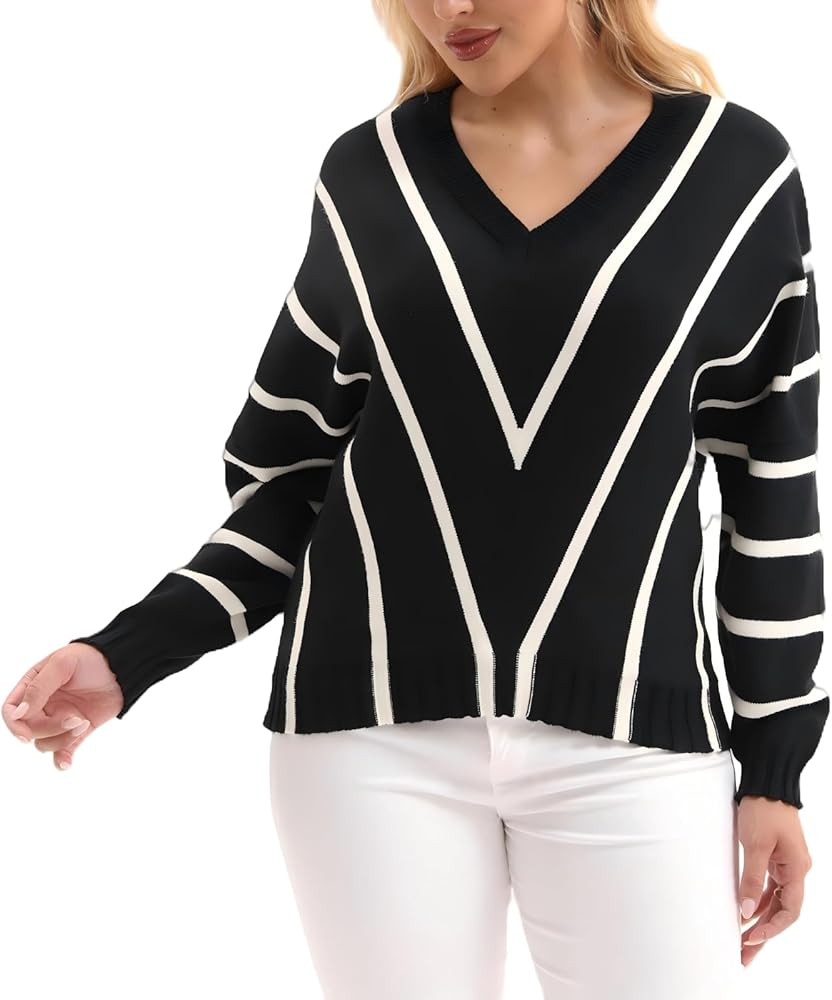 Froggirl Women's Batwing Sleeve V Neck Striped Sweater – Loose Fit Pullover Jumper for Spring F... | Amazon (US)