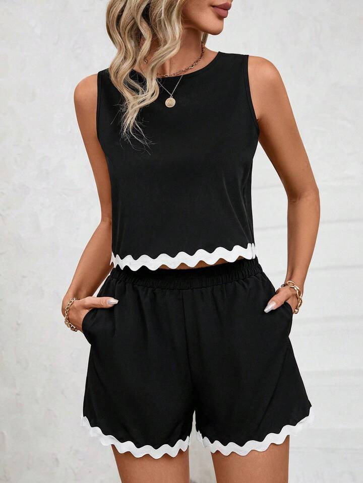 SHEIN LUNE Color-Block Casual Outfit With Scallop Hem Embellishment | SHEIN