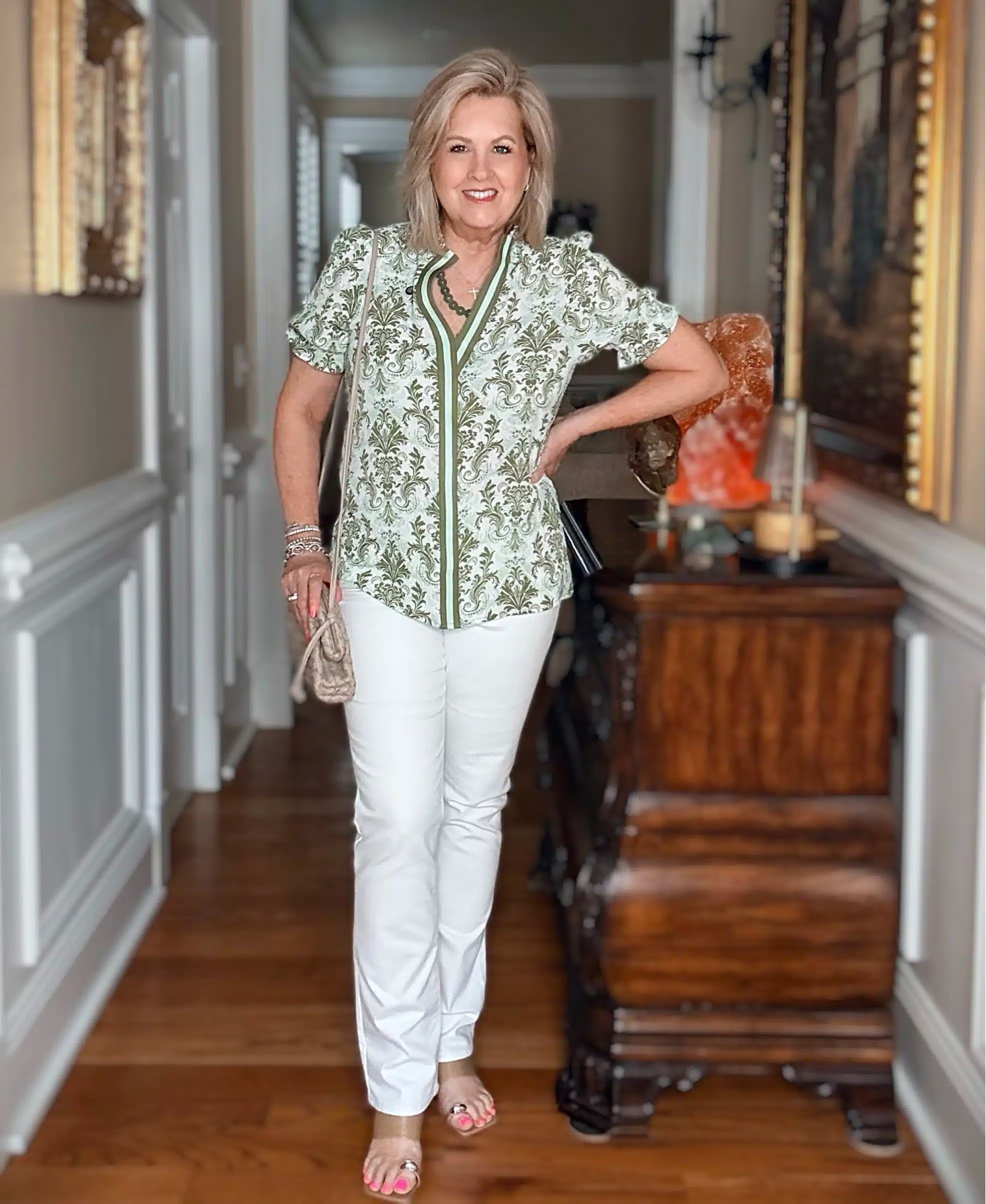 An easy Summer outfit styling white jeans! Green printed blouse size medium | jeans size 8

#LTKWorkwear #LTKOver40 #LTKootd