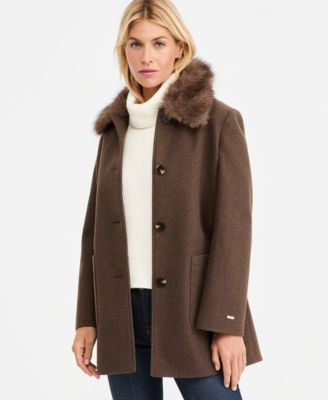 Tahari Women's Faux-Fur-Collar Car Coat, Created for Macy's - Stone Melange | Macy's