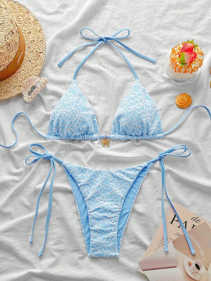 Swim Mod 2pcs/Set Springbreak Summer Beach Floral Print Textured Fabric Halter Tri-Bikini + Side Tie Swim Trunks Swimwear, Sexy & Cute | SHEIN