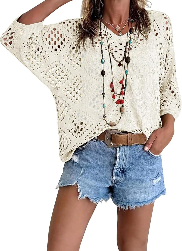 Fisoew Womens Crochet Cover Up Tops Summer Short Sleeve Hollow Out Sweater Shirts Boho Beach Swim... | Amazon (US)