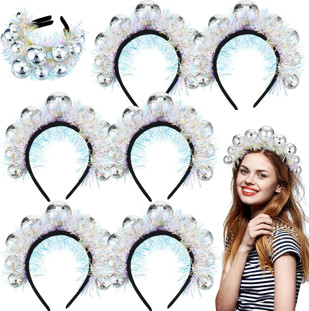 Tigeen 6 Pcs Disco Ball Headpiece Mirror Ball Silver Headbands 1970s Vintage Head Boppers Disco Cost | Amazon (US)