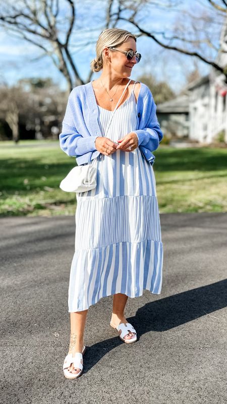 How perfect is this for Easter or spring/summer in general?? I’m in a small. It has adjustable straps and pockets! The cardigan is a small and SO soft! Can be worn alone with white jeans too and will be adorable! 

#LTKSeasonal #LTKfindsunder100 #LTKstyletip