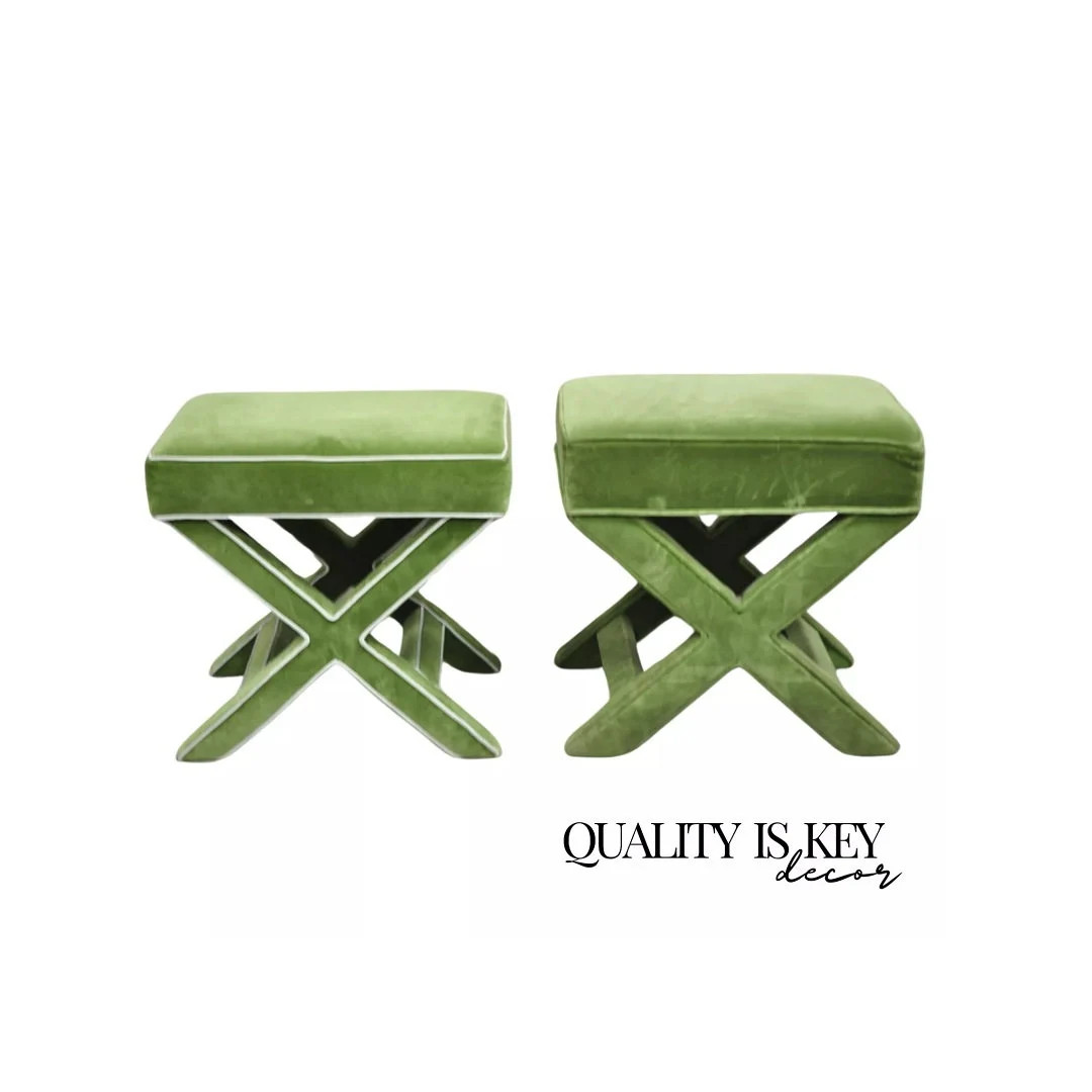 Vintage X-base Billy Baldwin Style Green Upholstered Bench Stools Similar Pair - Etsy | Etsy (US)