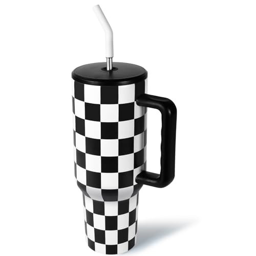 40 oz Tumbler with Handle, Checkered Insulated Tumbler Stainless Steel Vacuum Water Bottle Cup Travel Coffee Mug Gifts for Men Women Birthday Christmas, Black and White | Amazon (US)