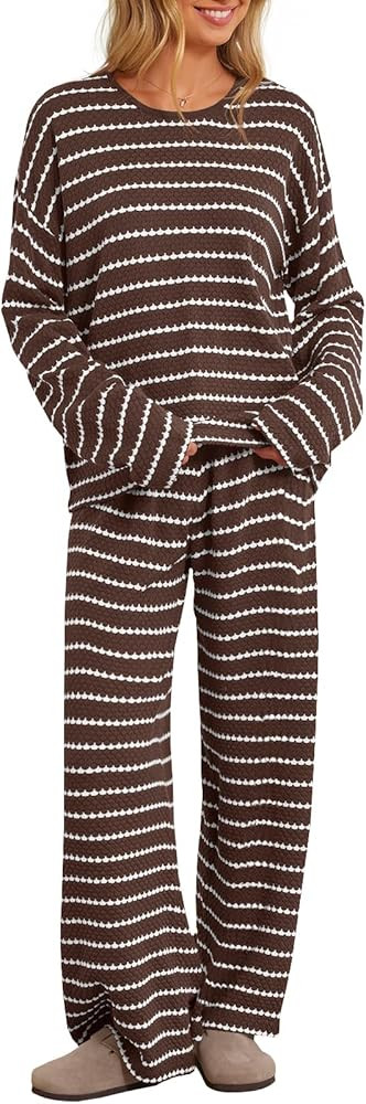 MEROKEETY Women's Two Piece Sweater Sets Trendy Striped Long Sleeve Top Wide Leg Pants Matching O... | Amazon (US)