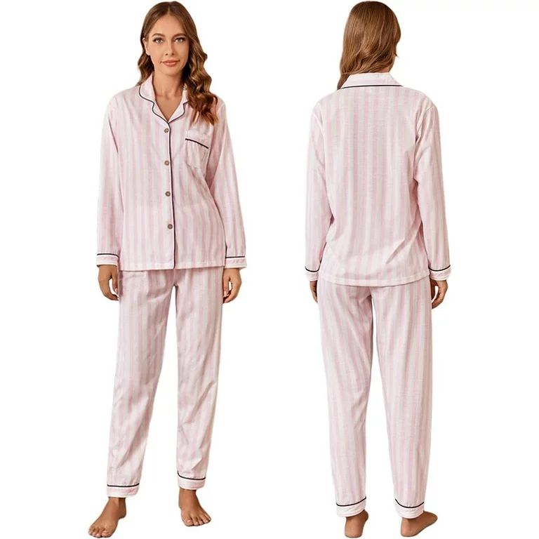 Women's Pajamas Set Pink Long Sleeve Sleepwear Solid Nightwear Button Down Pj Lounge Sets S-XL | Walmart (US)