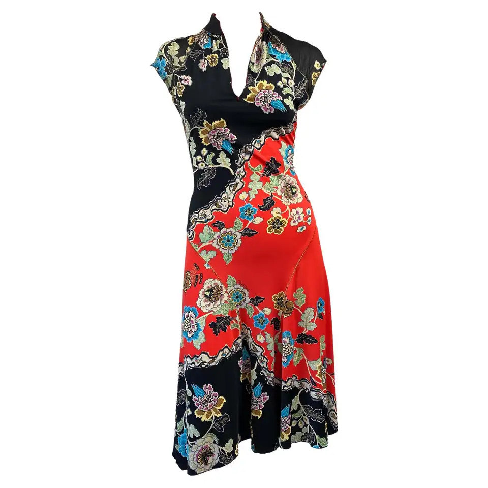 S/S 2003 Roberto Cavalli Red Chinoiserie Asian Print Cheongsam Floral Dress | 1stDibs