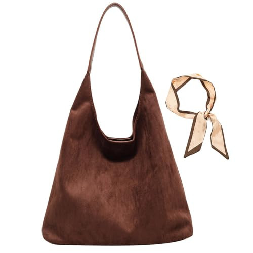 Brown Suede Bag Leather Hobo Bags Slouchy Bag Satchels Crossbody Purse Suede Tote Bag for Women (Coffee,14.2 * 12.2 * 5.1 in) | Amazon (US)
