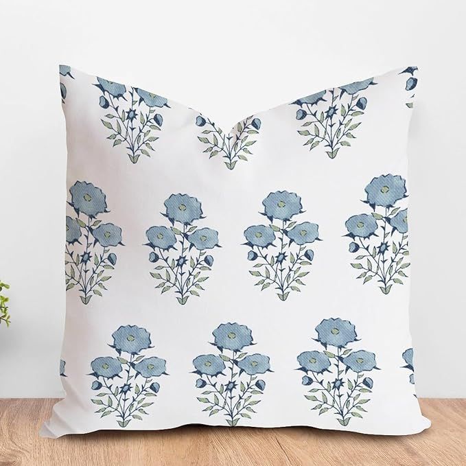 MangGou Chinoiserie Blue Floral Farmhouse Pillow Covers Blue Mughal Flower in Monsoon White Linen... | Amazon (US)