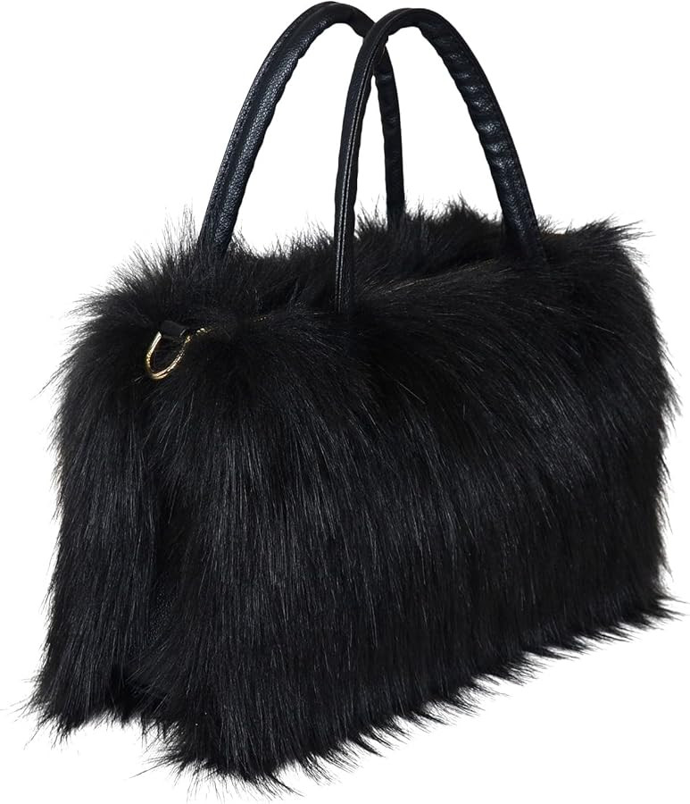 Women's Faux Fur Crossbody Tote Purse, Black Leather Handle Fluffy Fashion Shoulder Handbag | Amazon (US)