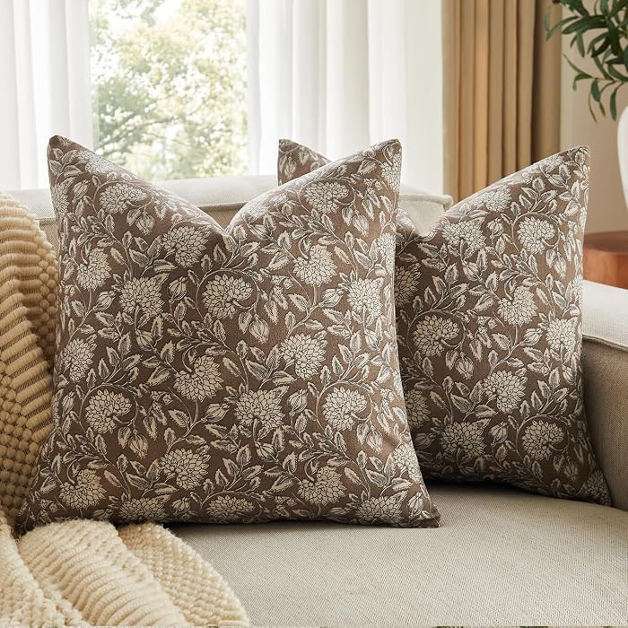 Vintage Floral Pillow Covers 18x18 Set of 2, Dahlia Botanical Block Print Style Pillow Cover Poly... | Amazon (US)