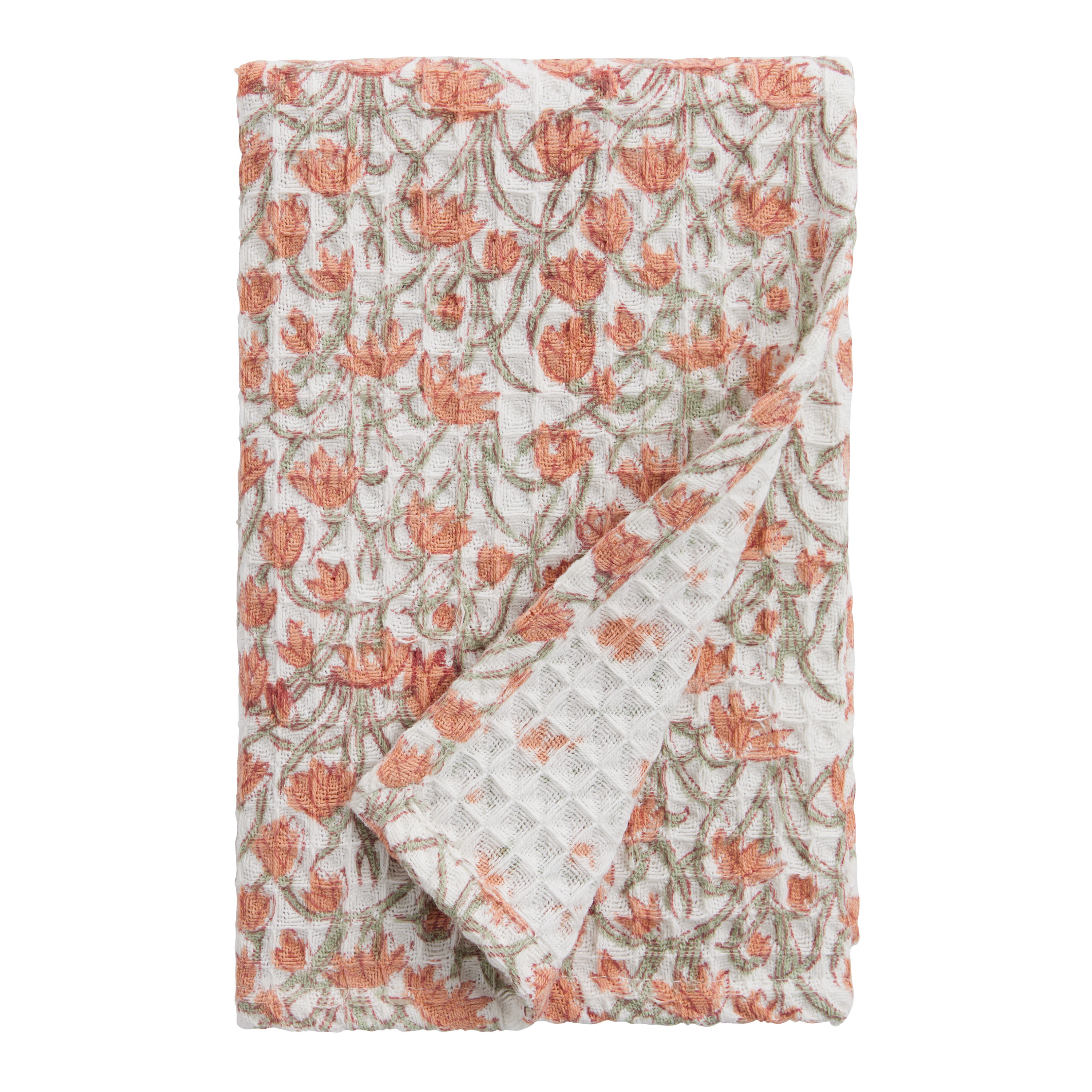 Terracotta Florals Block Print Waffle Weave Hand Towel | World Market