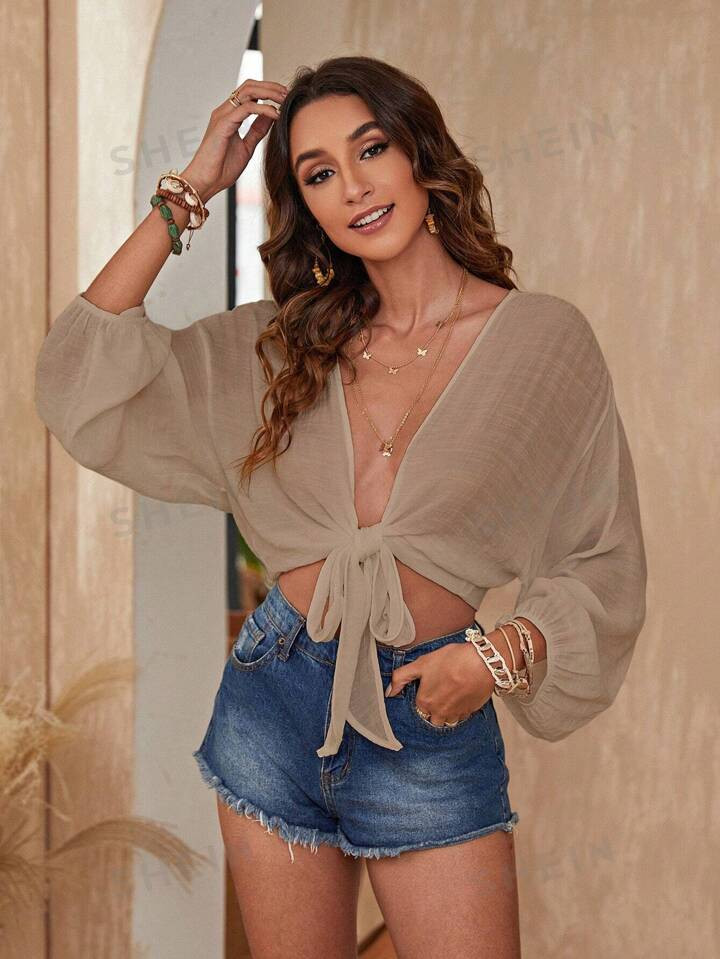 SHEIN Swim Batwing Sleeve Knot Front Crop Kimono | SHEIN