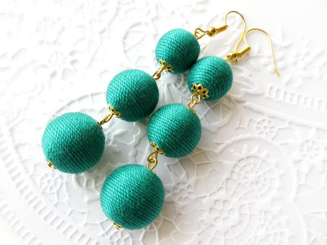 Emerald Green Bon Bon Earrings Long Fringe Clip on Earrings Bonbons Earrings Cotton Thread Balls ... | Etsy (Global)