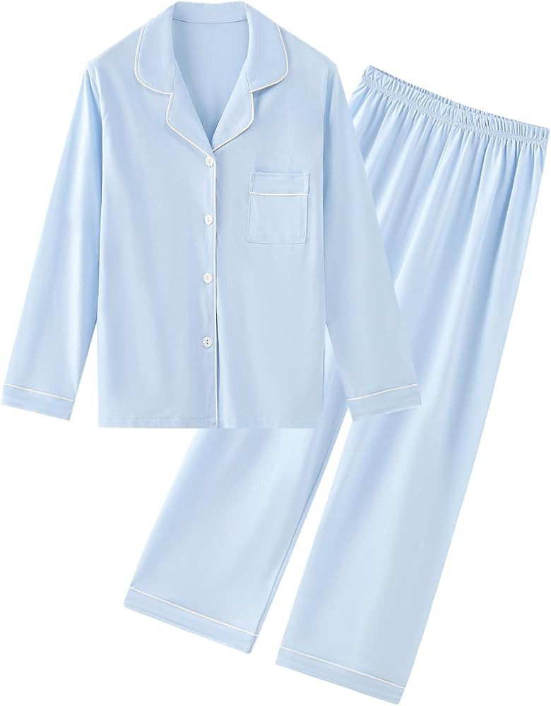 QZH.DUAO Girl & Women's 100% Cotton Pajamas Set Long Sleeve Button Down Sleepwear Nightwear Soft ... | Amazon (US)