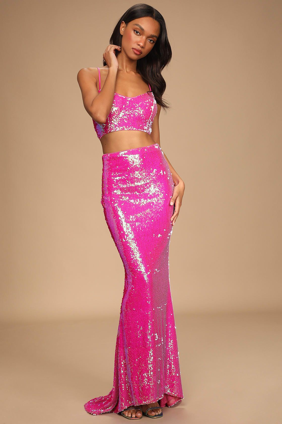 Glam Entrance Bright Pink Sequin Lace-Up Two-Piece Maxi Dress | Lulus (US)
