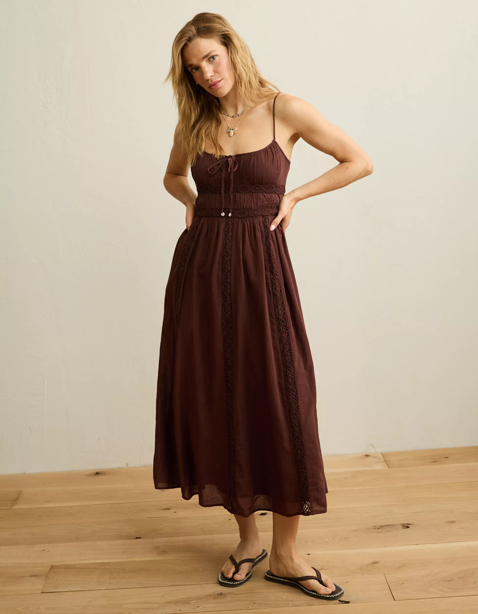 AE Tie-Front Lace Midi Dress | American Eagle Outfitters (US & CA)