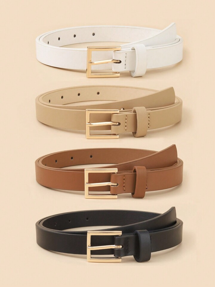 4 Pieces Women/teens Gold Square Buckle Classic Pu Leather Solid Color Trim Simple Casual Jeans B... | SHEIN