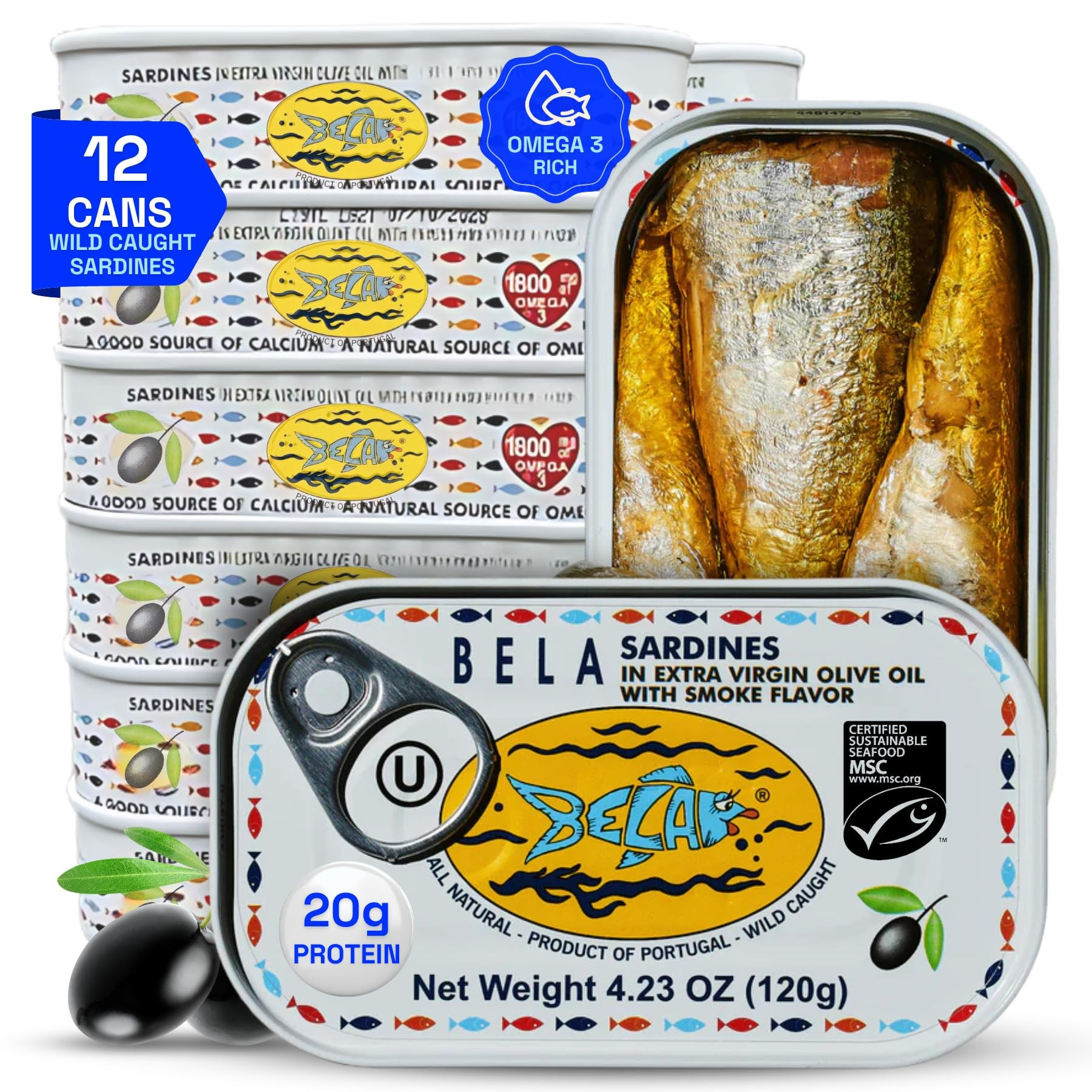 BELA Wild Caught Portuguese Sardines - Lightly Smoked & Marinated in Extra Virgin Olive Oil | 4.2... | Amazon (US)