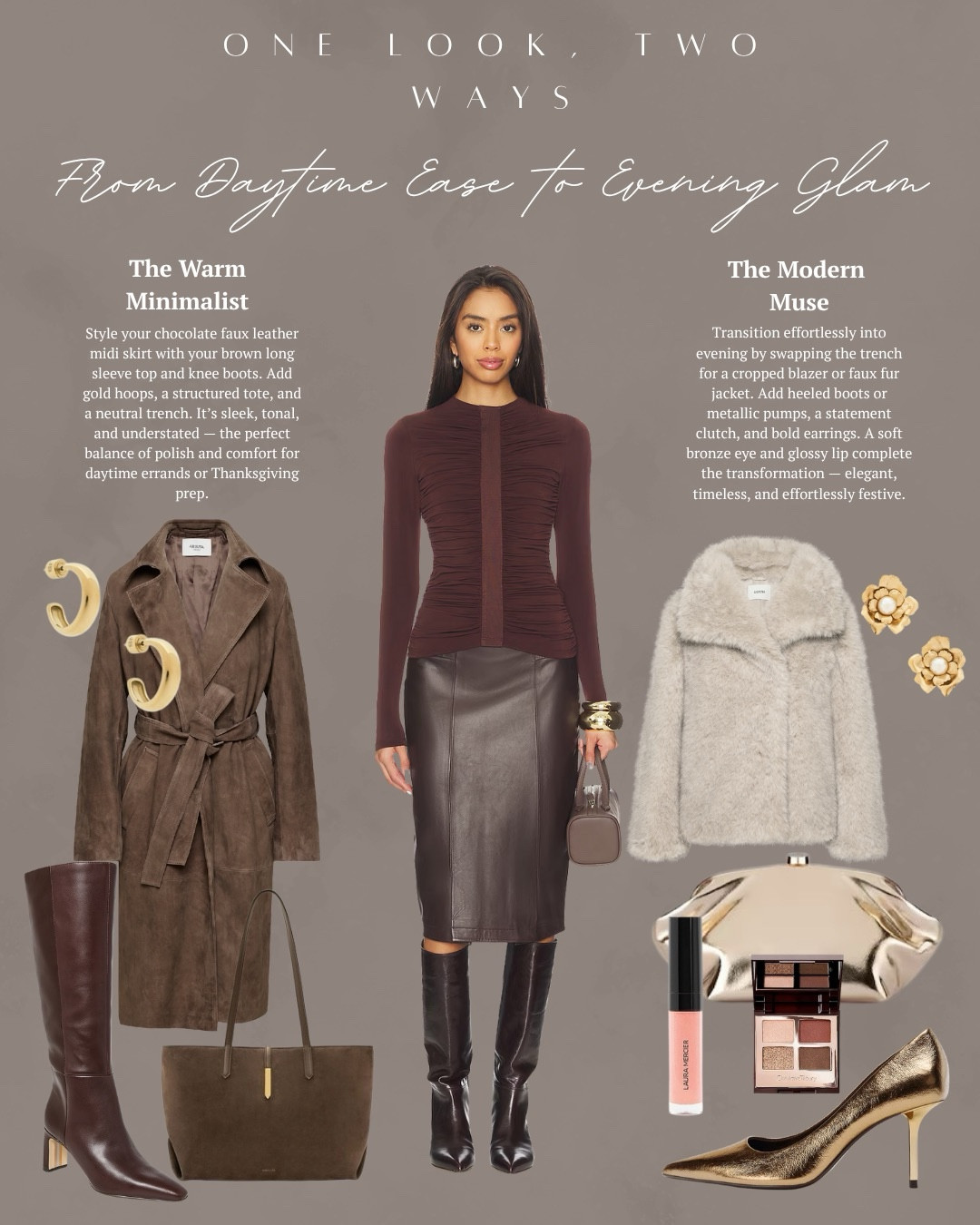 I am sharing one outfit that can be taken from daytime to night and how chic it can be! In the daytime look, I used a suede trench coat with some knee high boots, tote bag and hoop earrings. For nighttime I used a fur jacket, metallic heels, clutch bag, statement stud earrings and some beauty picks. 

Then I have four pieces that are formula builders for so many outfits for this season. There is a silk top, knit top, silk midi skirt and metallic heels. 

Lastly I found two silk skirts that are beautiful and at different price points that work for all budgets! This type of skirt can be worn so many ways for fall and winter. 

All items linked ⬆️

#ltkcreator #ltkfinds #ltkwatchnow #ltkstyletip #revolve #silk #suede #fauxfur #boots #handbag #clutch #zara #zarafinds 

#LTKFindsUnder100 #LTKootd #LTKHoliday