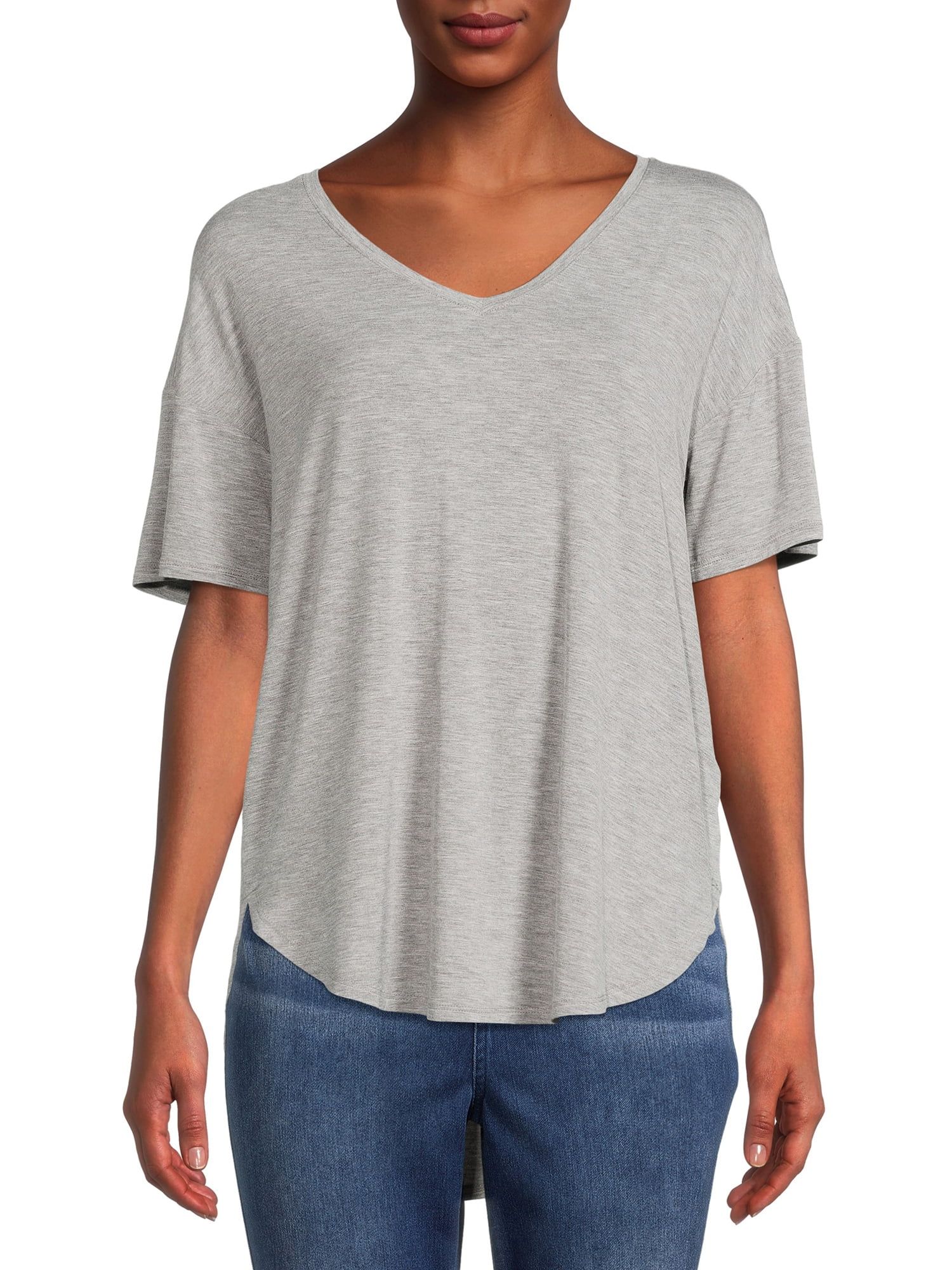 Time and Tru Women's V-Neck Tunic T-Shirt with Short Sleeves - Walmart.com | Walmart (US)