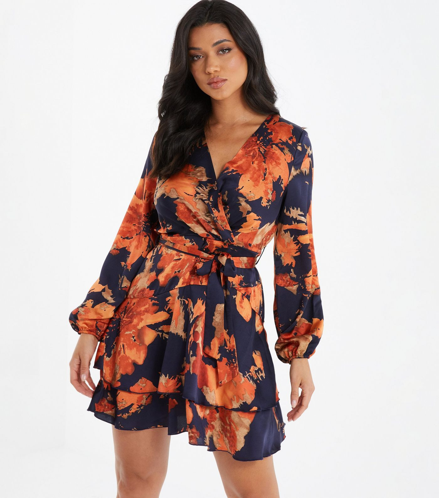 QUIZ Navy Floral V Neck Long Puff Sleeve Tiered Hem Mini Wrap Dress | New Look | New Look (UK)