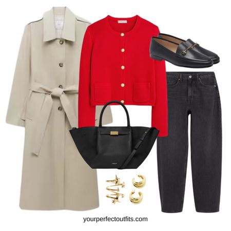 Trench coat outfit ideas for spring days with a gorgeous red cardigan and black loafers 

#LTKSpringSale #LTKSeasonal #LTKfindsunder100