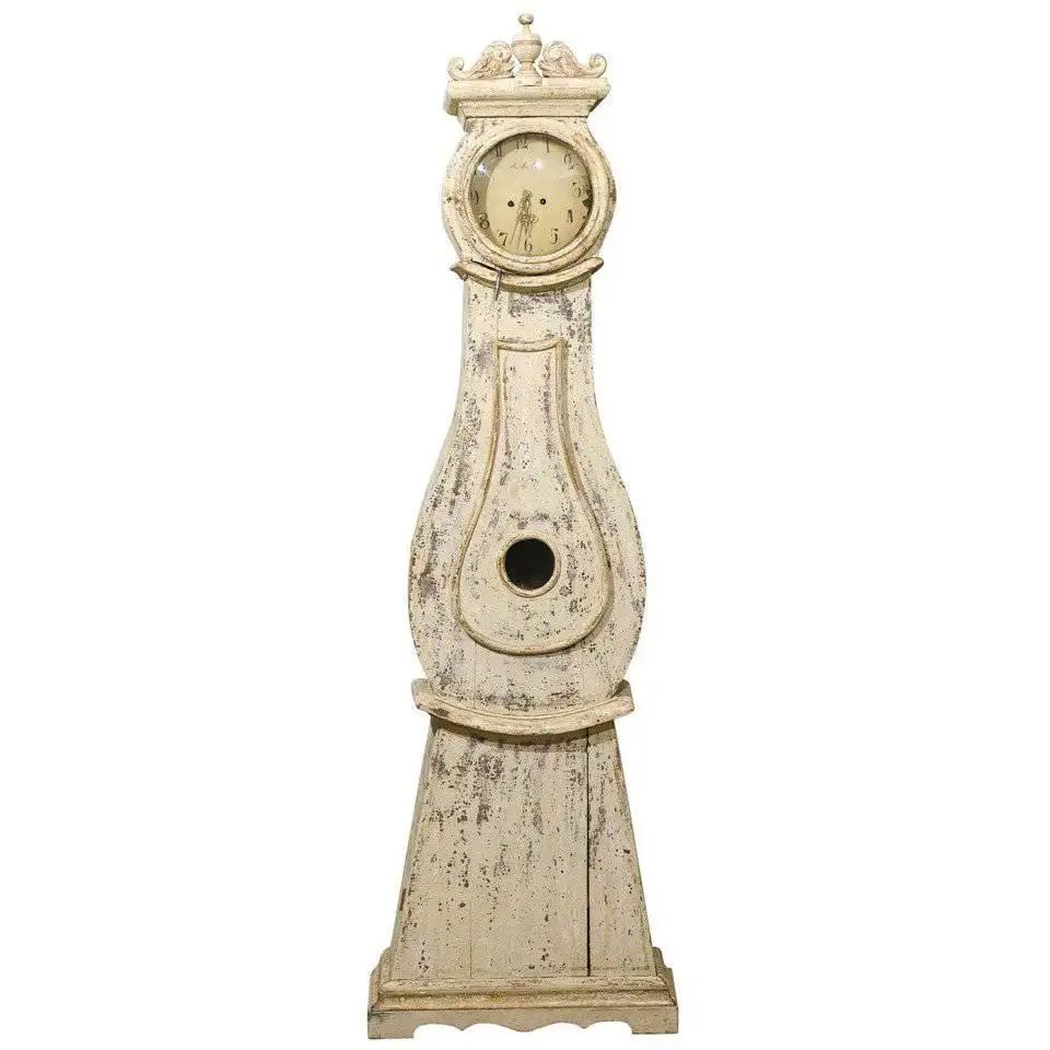 1820s Swedish Longcase Painted and Carved Mora Clock with Carved Crest | 1stDibs