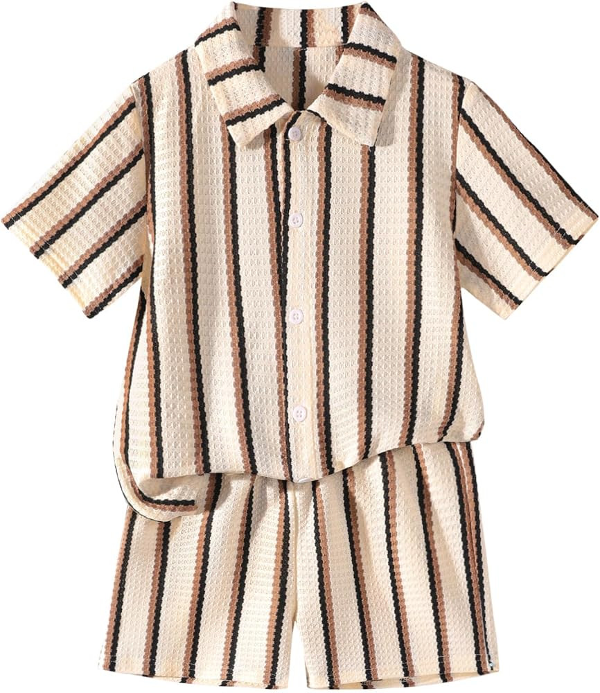 Boys Beach Outfit Striped Waffle Knit Button Down Shirt and Shorts Set | Amazon (US)
