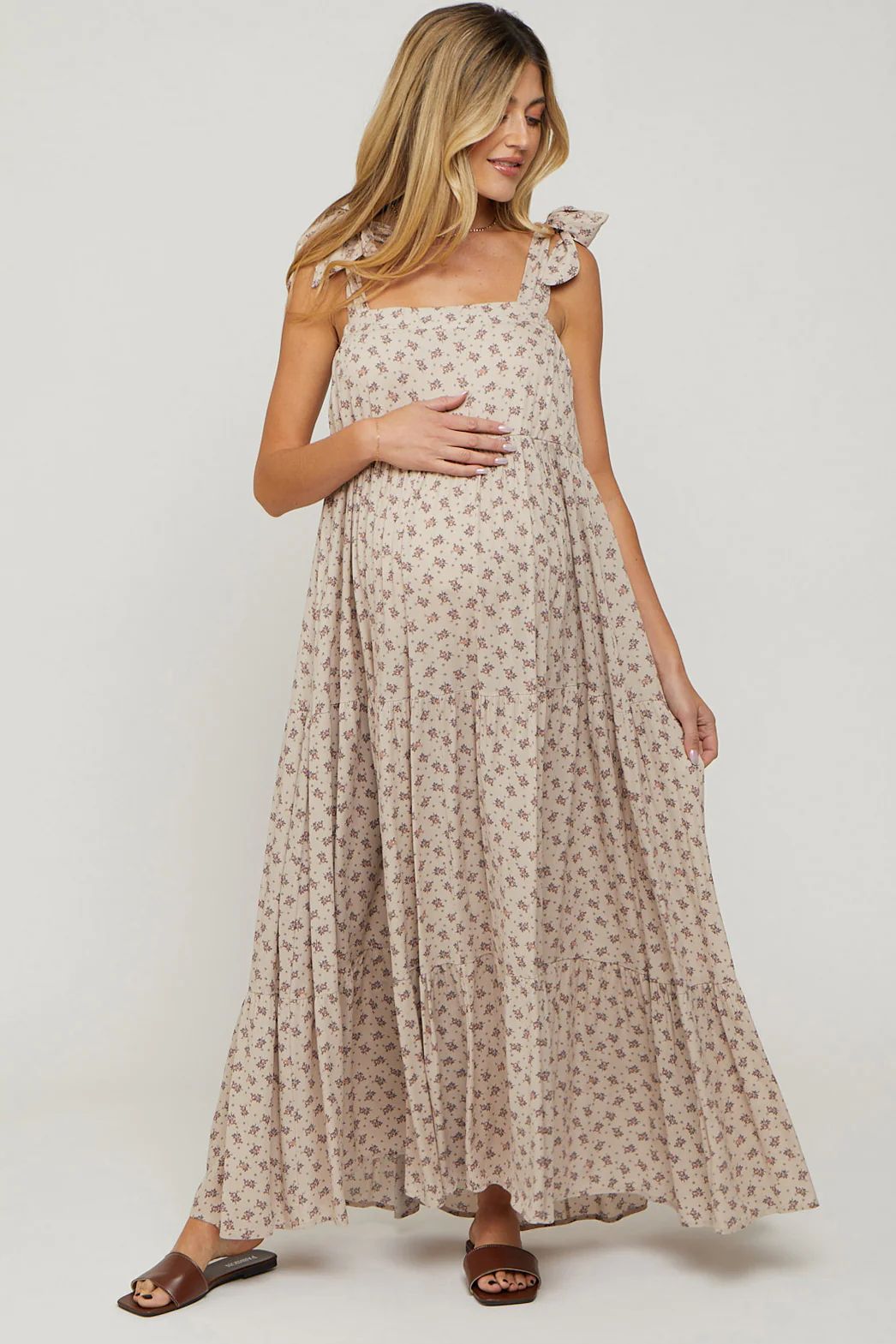Taupe Floral Shoulder Tie Maternity Maxi Dress | PinkBlush Maternity