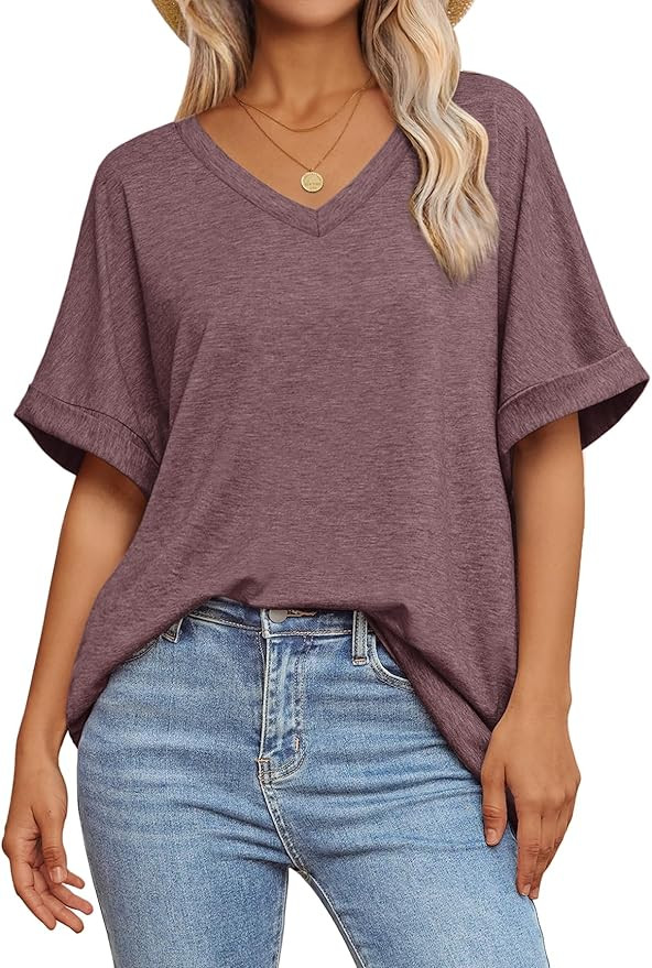 ATHMILE Womens Oversized T Shirts Loose Fit V Neck Short Sleeve Summer Casual Blouse 2024 Y2K Tee... | Amazon (US)