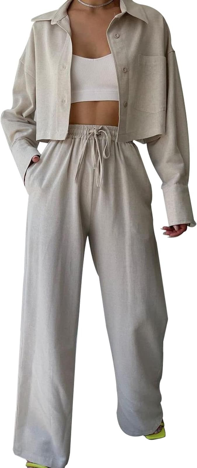 GXFGZZRS Womens Two Piece Outfits Button Down Long Sleeve Cropped Shirt Blouse and Drawstring Lon... | Amazon (US)